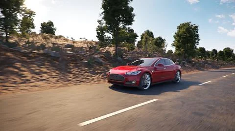 3D visualization of a red electric car driving on the road Stock Illustration