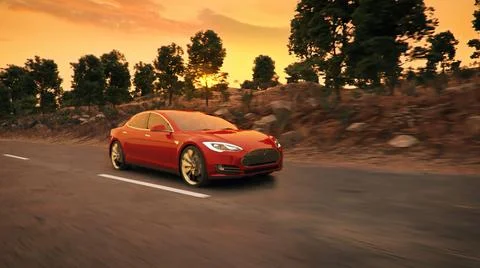 3D visualization of a red electric car driving on the road in sunset lights Illustrazione stock