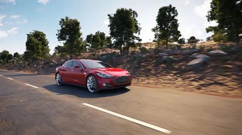 3D visualization of a red electric car driving on the road Stock Illustration