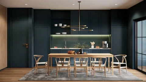 3d visualization rendering, interior of kitchen-dining room. 4K animation Stock Footage 237504827