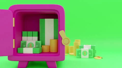 3d visualization of a safe with coins and stacks of cash dollars Stock Footage 158786590