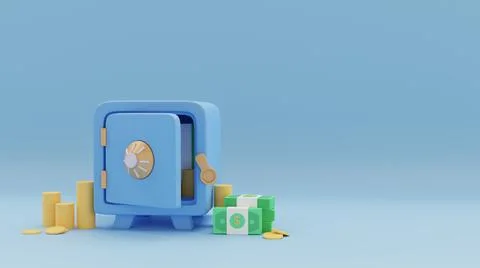 3d visualization of a safe with coins and stacks of cash dollars Stock Illustration