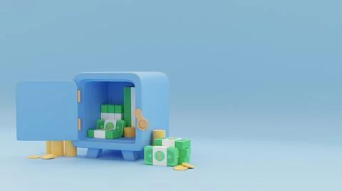 3d visualization of a safe with coins and stacks of cash dollars イラスト素材