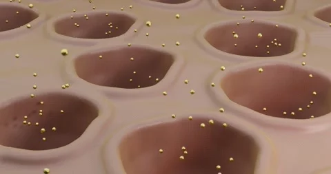 3D visualization of the skin with  pores from which bright golden sparks Stock Footage 333769753