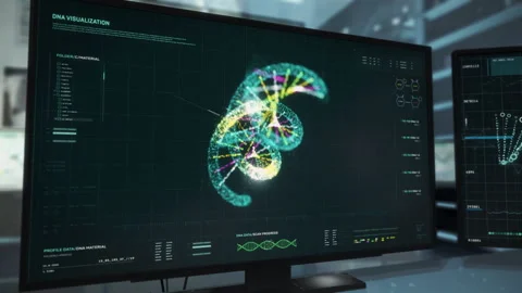 3D Visualization Of A Spiral DNA Via High Tech Scanner System At A Bio Lab Stock Footage