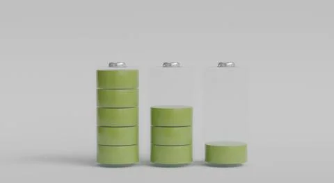 3D visualization of three batteries with transparent cases and green sections Illustrazione stock