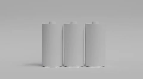 3D visualization of three cylindrical white batteries on white background wit Stock Illustration