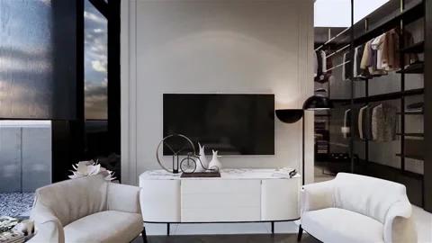 3d visualization walkthrough of luxurious apartment bedroom and closet. Moder Stock Footage 220336231