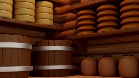 3d visualization warehouse with food, an old building made of logs Stock Footage 170432641