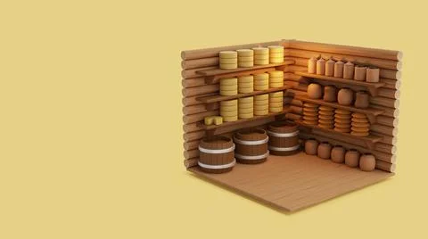 3d visualization warehouse with food, an old building made of logs Stock Illustration
