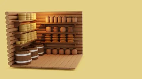 3d visualization warehouse with food, an old building made of logs Stock Illustration
