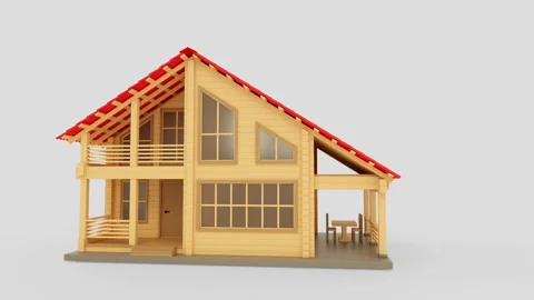 3d visualization of a wooden house on a white background Stock Footage 169066278