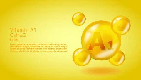 3D Vitamin molecule A1 Retinal design. Realistic A1 Retinal Vitamin drop. Yellow Stock Illustration