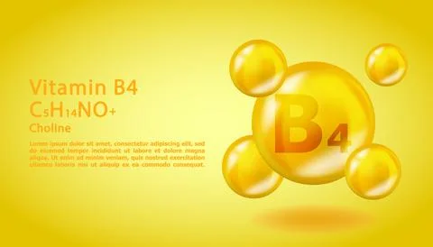 3D Vitamin molecule B4 Choline design. Realistic B4 Choline Vitamin drop. Yellow Stock Illustration