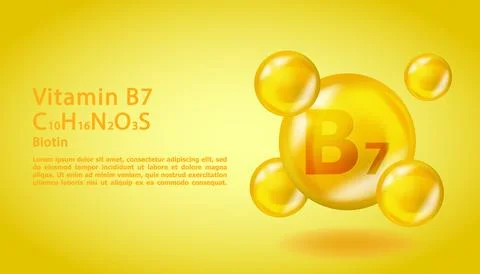 3D Vitamin molecule B7 Biotin design. Realistic B7 Biotin Vitamin drop. Yellow Illustrazione stock