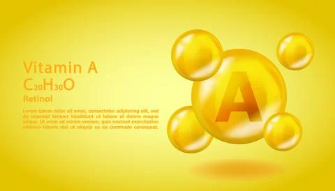 3D Vitamin molecule A Retinol design. Realistic A Retinol Vitamin drop. Yellow Stock Illustration