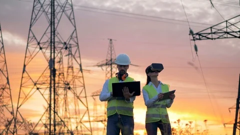 3D VR technologies in industry. Engineers working with virtual reality glasses Stock Footage 94862244