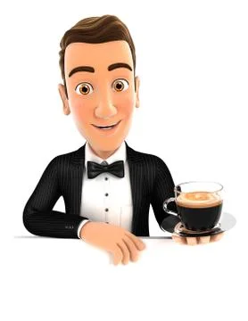 3d waiter behind empty wall and holding a cup of coffee Stock Illustration