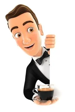 3d waiter behind left wall and holding cup of coffee Illustrazione stock