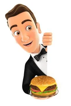 3d waiter behind left wall and holding plate with hamburger Stock Illustration