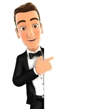 3d waiter pointing to right blank wall Stock Illustration