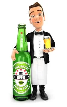 3d waiter standing next to beer bottle Stock Illustration