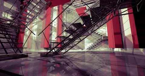 3d wall. modern industrial interior, stairs, clean space in industry building Ilustración de archivo
