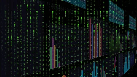3D wall opening starting camera panning right showing charts while code Stock Footage 309893338