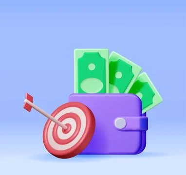 3D Wallet with Dollars and Target with Arrow Stock Illustration