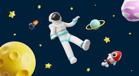 3D wallpaper with an astronaut floating in outer space, among planets, stars 스톡 일러스트