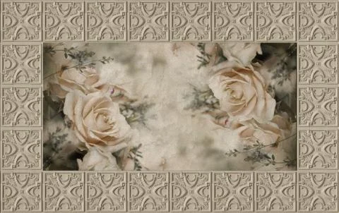 3d wallpaper, ceiling tile and roses, painting decorative ceiling Stock Illustration