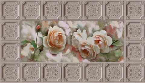 3d wallpaper, ceiling tile and roses, painting decorative ceiling Stock Illustration