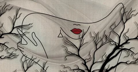 3d wallpaper, face line, red lips, fabric canvas texture Stock Illustration