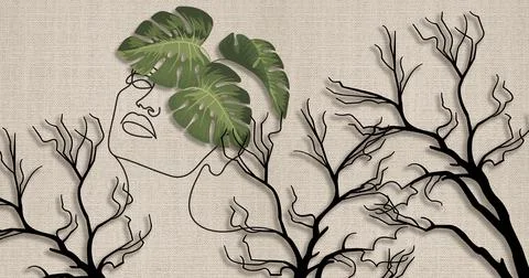 3d wallpaper, face one line, green leaf, fabric canvas texture Stock Illustration