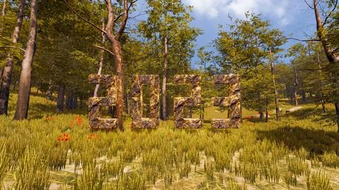 3D wallpaper with forest environment with 2023 written in rock and gold vei.. Ilustración de archivo