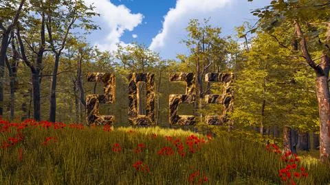 3D wallpaper with forest environment with 2023 written in rock and gold vei.. Stock Illustration