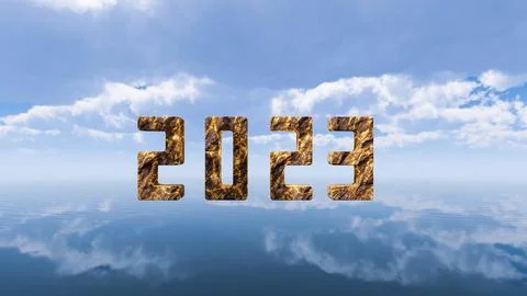3D wallpaper with forest environment with 2023 written in rock and gold vei.. Ilustración de archivo