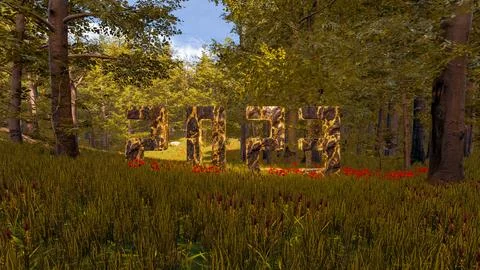 3D wallpaper with forest environment with 2023 written in rock and gold vei.. Ilustración de archivo
