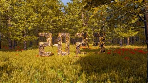 3D wallpaper with forest environment with 2023 written in rock and gold vei.. Ilustración de archivo