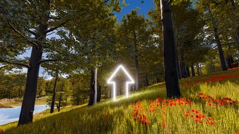 3D wallpaper with forest environment with up arrow, trees and vegetation 库存插图