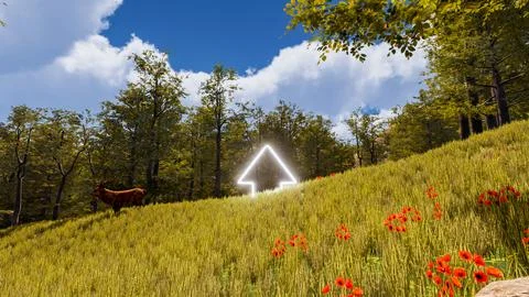 3D wallpaper with forest environment with up arrow, trees and vegetation Illustrazione stock