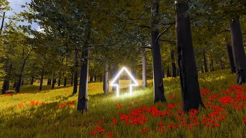 3D wallpaper with forest environment with up arrow, trees and vegetation Illustrazione stock