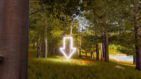 3D wallpaper with forest environment with down arrow, trees and vegetation Illustrazione stock