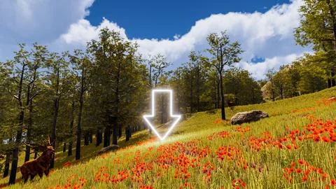 3D wallpaper with forest environment with down arrow, trees and vegetation Stock Illustration