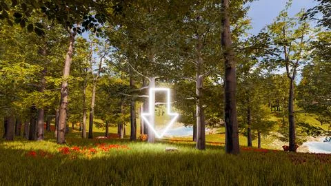 3D wallpaper with forest environment with down arrow, trees and vegetation Stock Illustration