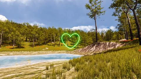 3D wallpaper with forest environment with green heart, trees and vegetation Ilustración de archivo
