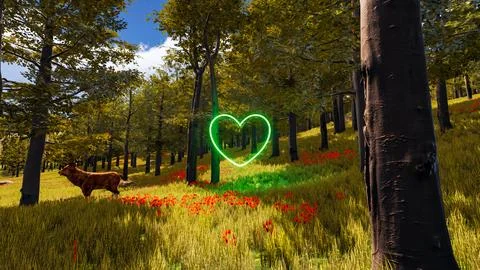 3D wallpaper with forest environment with green heart, trees and vegetation Stock Illustration