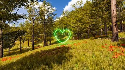 3D wallpaper with forest environment with green heart, trees and vegetation Stock Illustration