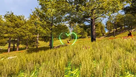 3D wallpaper with forest environment with green heart, trees and vegetation Ilustración de archivo