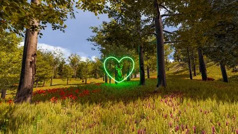 3D wallpaper with forest environment with green heart, trees and vegetation 库存插图